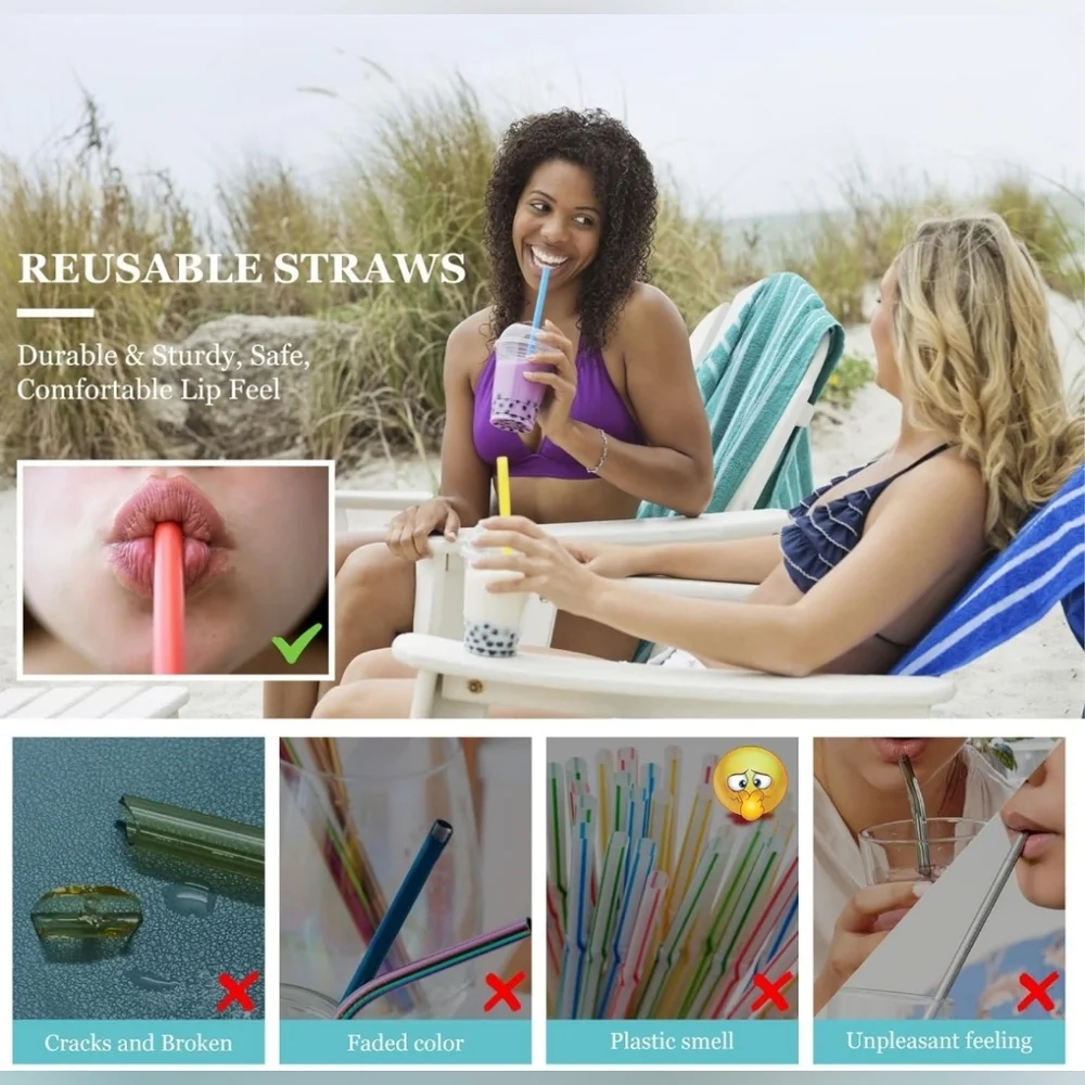 12 Reusable Boba Straws with 2‎ Brush Cleaners Hard Plastic Multicolor